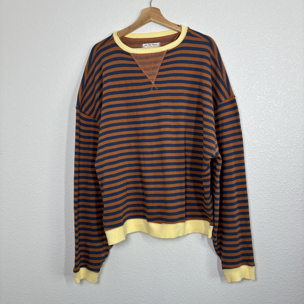 We The Free Sweatshirt Womens Small Brown Blue Stripe Terry Crewneck Pullover